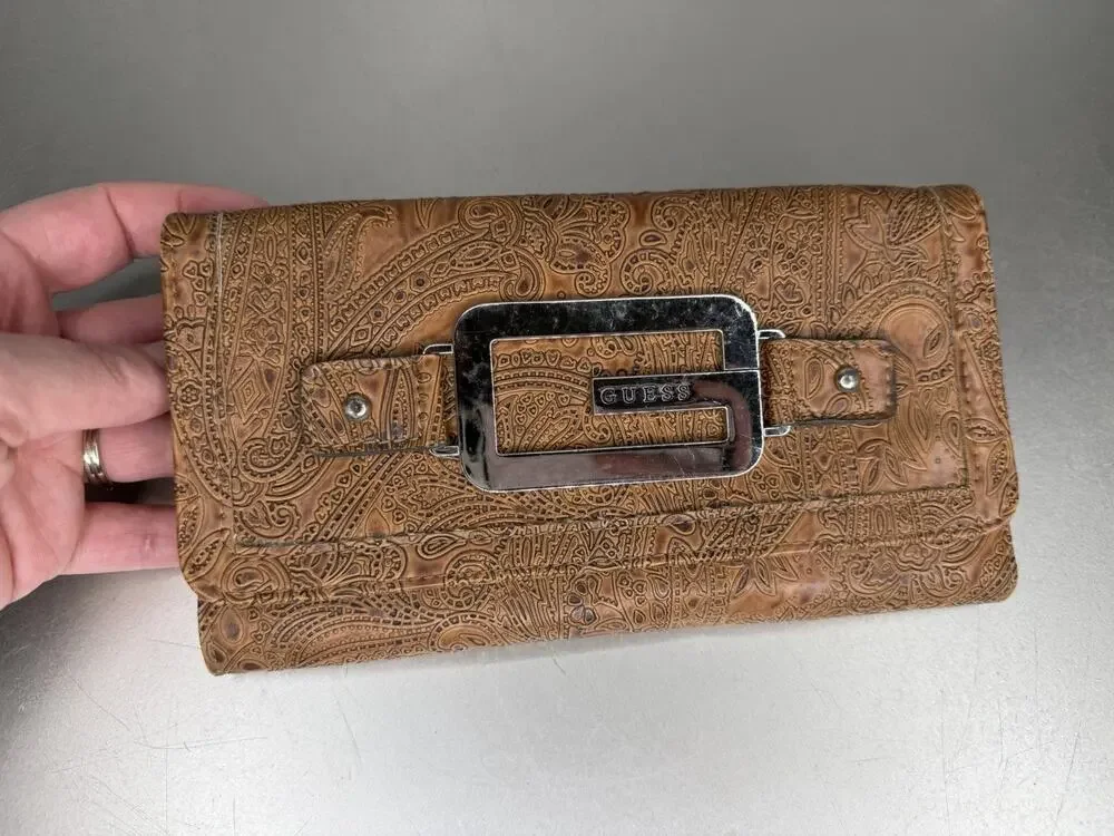 Vintage Guess Brown Faux Leather Textured Paisley G Logo Snap Y2K